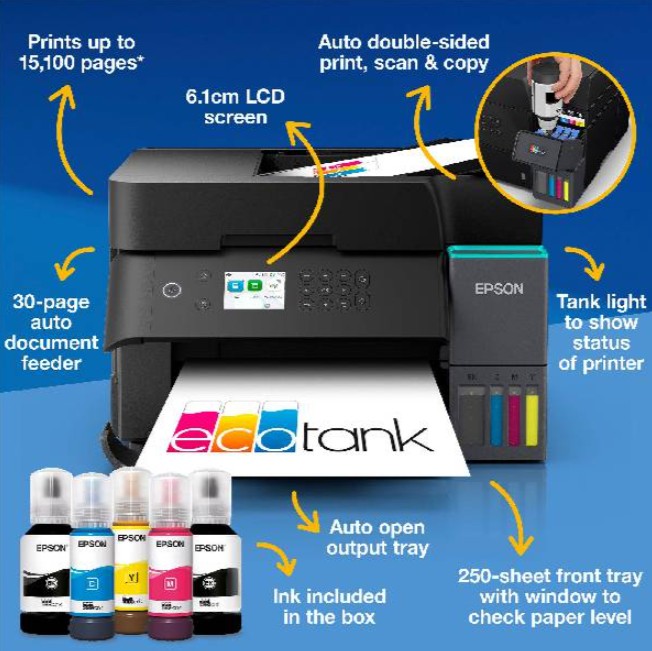 Epson EcoTank ET-3950 Three-In-One Wi-Fi Printer with High Capacity Integrated Ink Tank System - Image 5