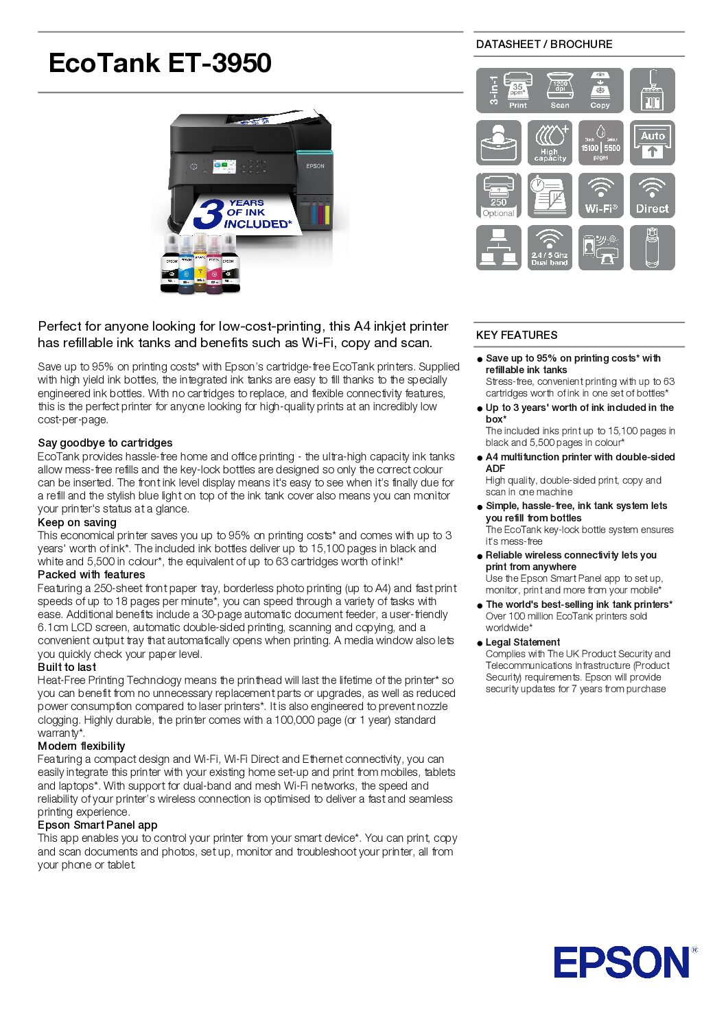 Epson EcoTank ET-3950 Three-In-One Wi-Fi Printer with High Capacity Integrated Ink Tank System - Image 2