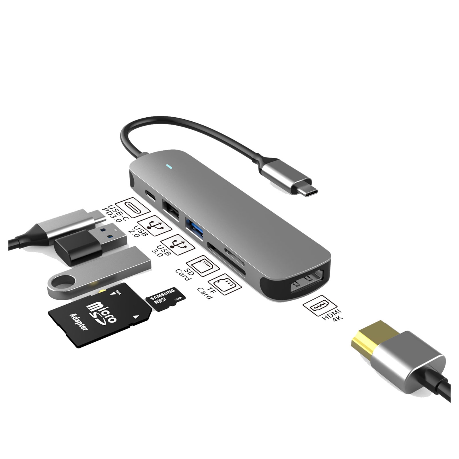 Prevo C605A 6-In-1 USB-C 4K Media and Data Transfer Hub Docking Station with 60W Passthrough, USB-C, HDMI, SD, USB-A for PC, Laptop, Tablet - Windows and Mac iOS Compatible - Image 3