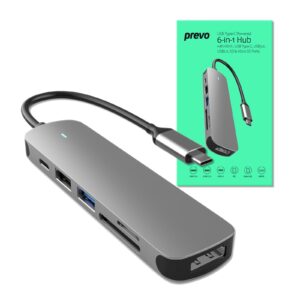 Prevo C605A 6-In-1 USB-C 4K Media and Data Transfer Hub Docking Station with 60W Passthrough, USB-C, HDMI, SD, USB-A for PC, Laptop, Tablet - Windows and Mac iOS Compatible