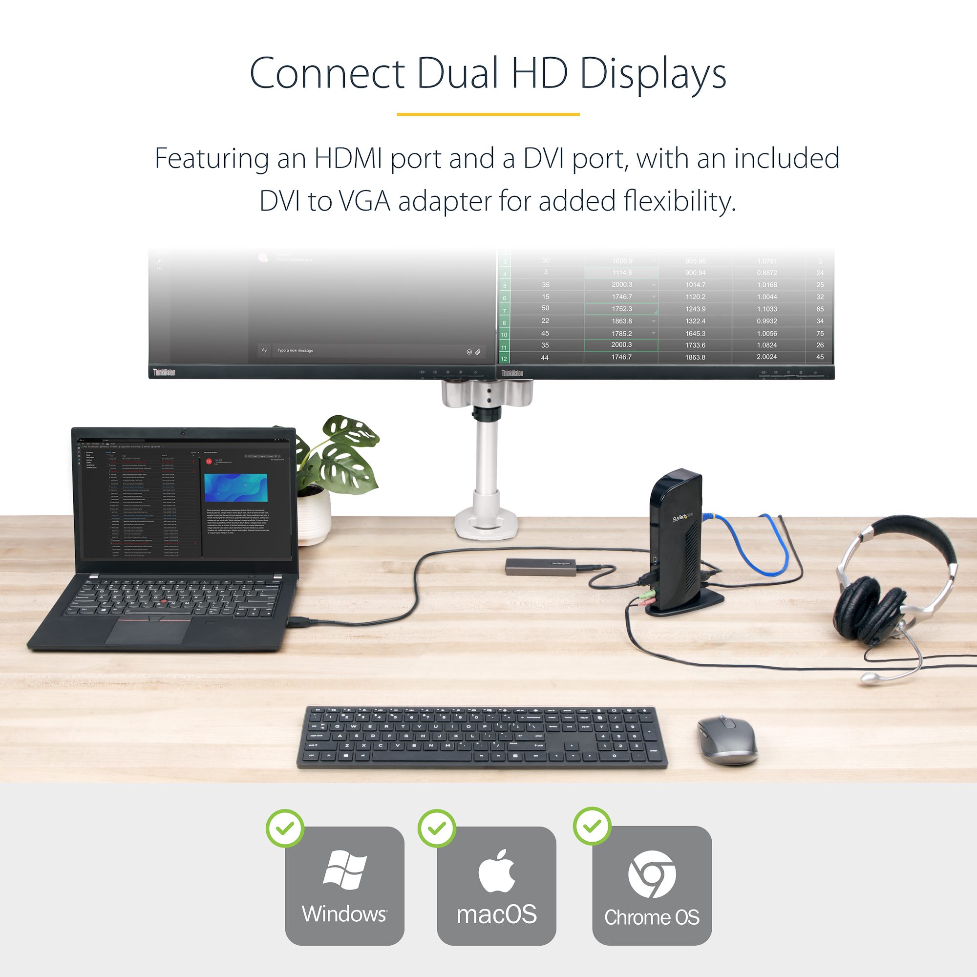 StarTech Dual Monitor USB 3.0 Laptop Docking Station with HDMI & DVI/VGA, 6x USB-A Hub, GbE, Audio, Universal Type-A Dock - Windows/macOS - Image 2